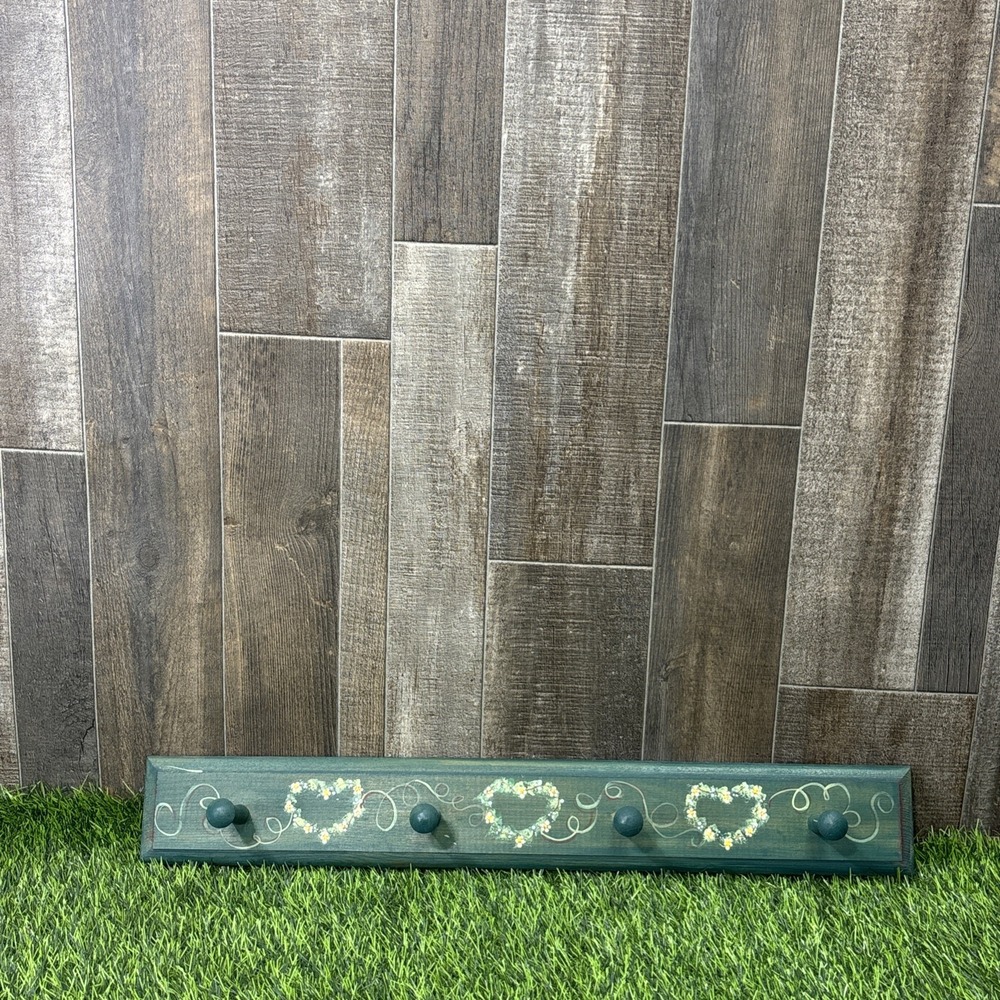 Vintage 80s 90s Hand Painted Wood Coat Rack Blue Green Floral Heart 4 Peg